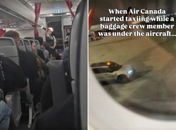 An image collage containing 2 images, Image 1 shows Airplane cabin with passengers looking toward flight attendants at the front, possibly reacting to news of a baggage handler trapped in the cargo hold, Image 2 shows An Air Canada aircraft is seen from a window with a baggage vehicle next to it, with text describing a crew member being under the aircraft during taxiing