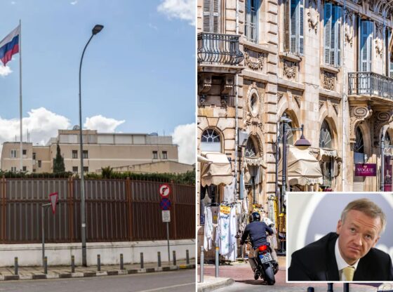 An image collage containing 3 images, Image 1 shows Russian flag flying above a building, with a fence and street in the foreground, Image 2 shows NINTCHDBPICT001046381541, Image 3 shows A close-up of a fair-skinned man with blonde hair and blue eyes wearing a black suit and yellow tie