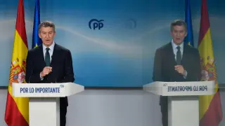 Alberto Núñez Feijóo, during the press conference after the end of the official mourning for the Adamuz accident.