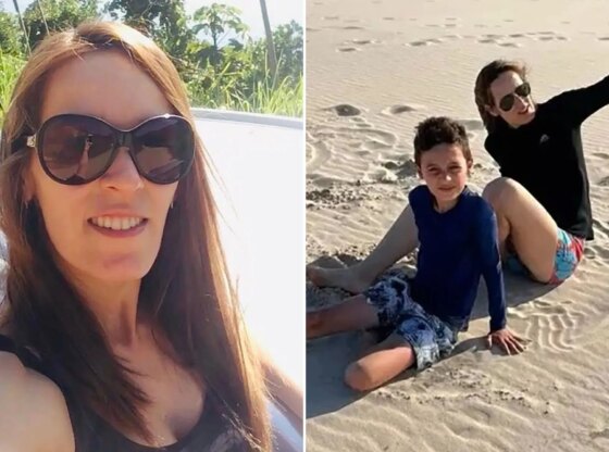 An image collage containing 2 images, Image 1 shows Luciana Klein Helfstein smiles wearing sunglasses, Image 2 shows Luciana Klein Helfstein and her son Arthur Klein Helfstein Alves sitting in the sand