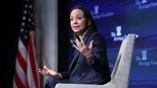 Venezuelan opposition leader María Corina Machado during the press conference she gave this Friday in Washington.